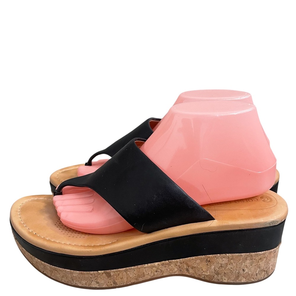 Corso Como Sz 10m‎ Black Leather Thong Platform Cork Wedge Sandals Women's Shoes